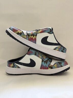 Nike Kids White Slip-On Sneakers with Black Swoosh and Multicolor Zigzag